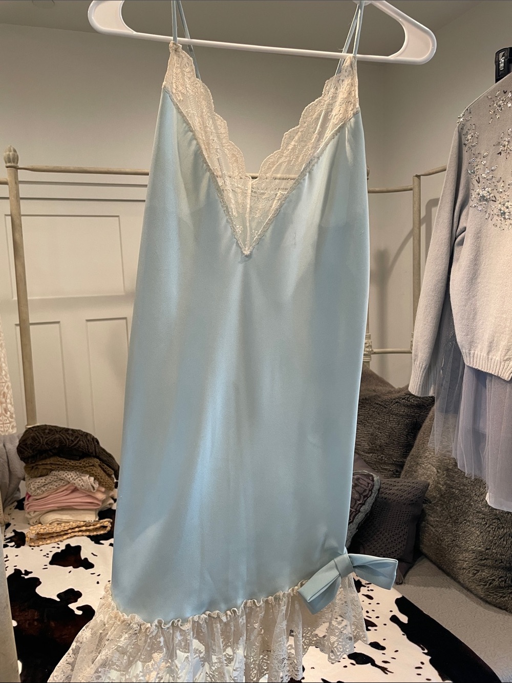 Vintage Light Blue Satin Slip Dress with Cream Lace Trim